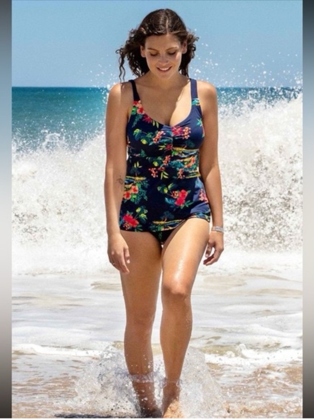 Lands' End Navy Tropical Scenic Print Tankini Top & Bottom Size Extra Small NWT